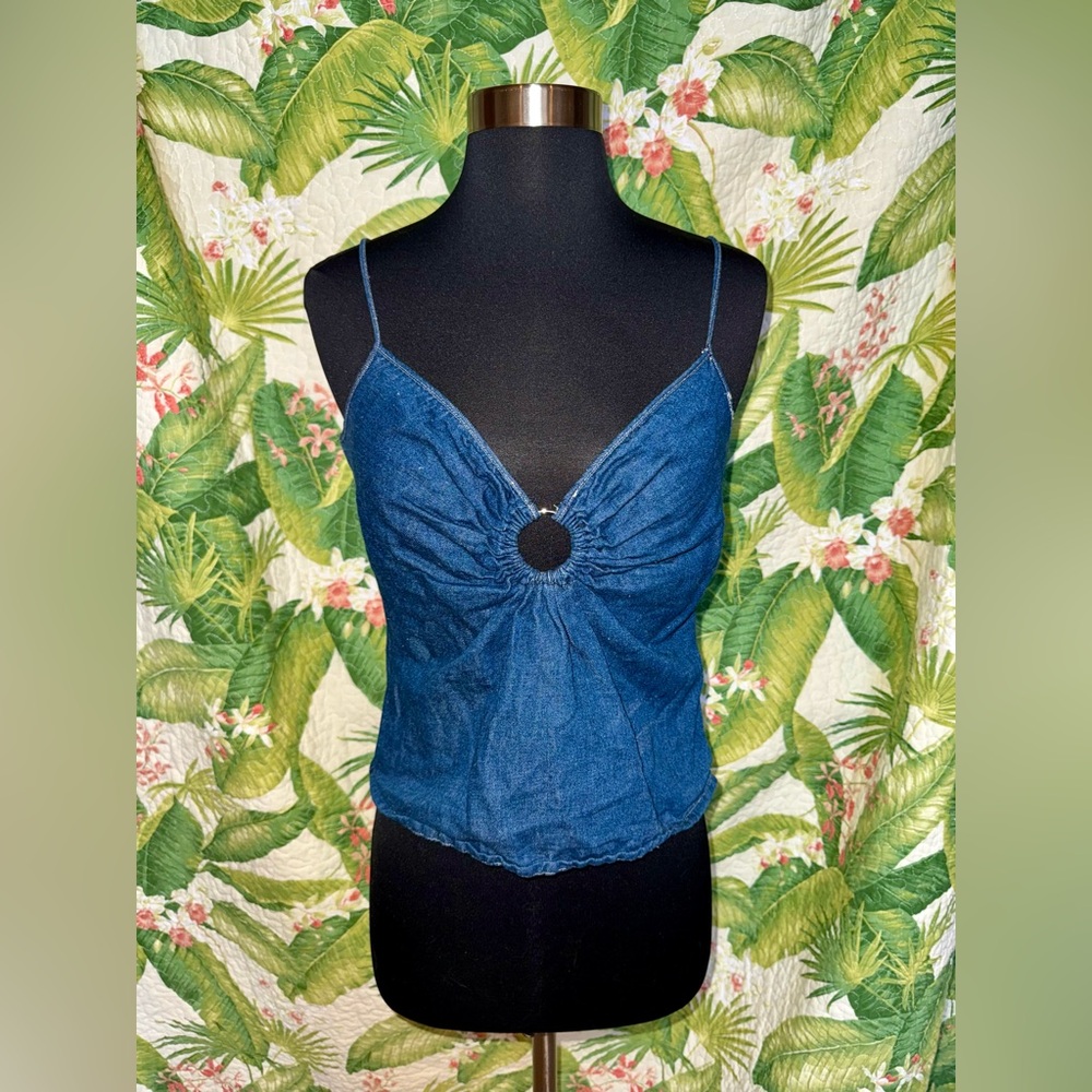 FERRE From Italy Denim Blue Camisole with Spaghetti Straps & Metal Ring